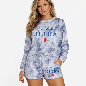 Michelob Ultra Track Shorts Sweatshirt Set Women Size L White Gray Tie Dye Logo